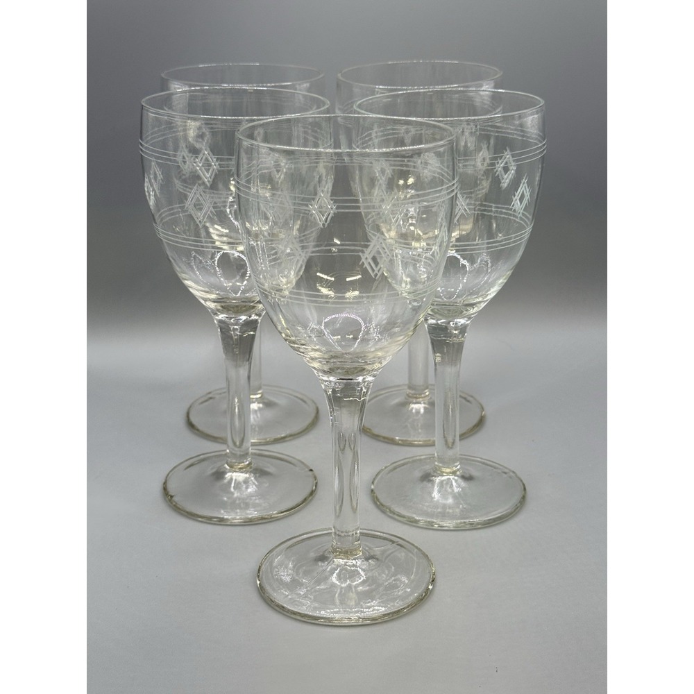 Set Of 5 Vintage Standard Glass Criss-Cross Bands 7" Wine Water Goblets